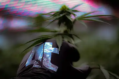 4trees cannabis building latex glove and hand holding cannabis branch in grow room with LED grow lights