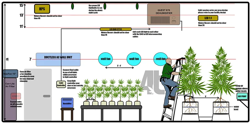Side view drawing of a grow room by 4trees cannabis building