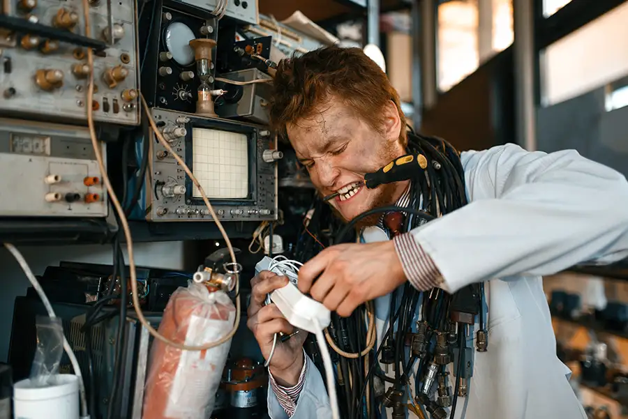 Electrical mess around frustrated man in a white lab coat with electronics in the background