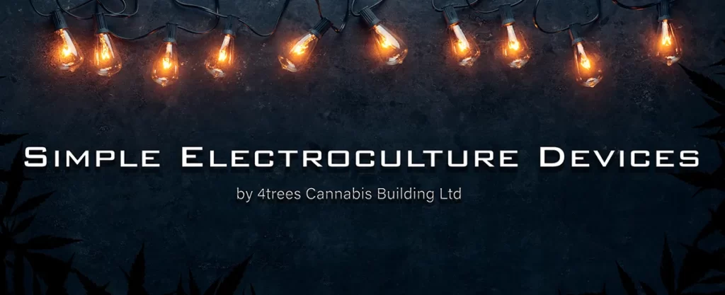 Simple electroculture devices by 4trees text with lightbulbs across a dark background