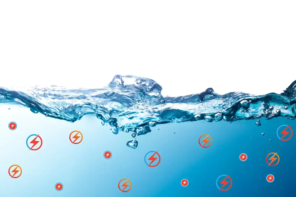 picture of light blue water with small electrical icons throughout the water