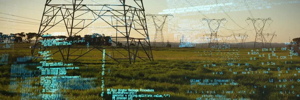 blue writing amongst a field of power lines