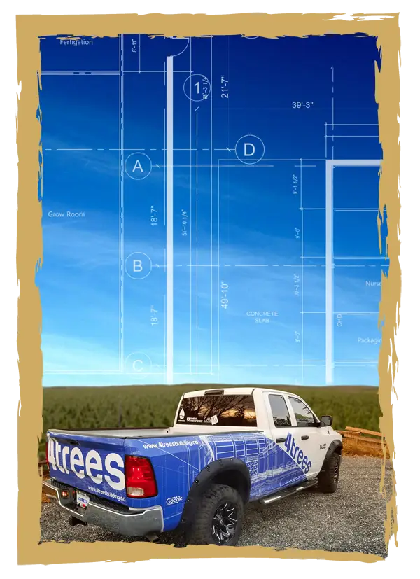 4trees work truck in a sand colored frame with one of their blueprints as an overlay over clouds