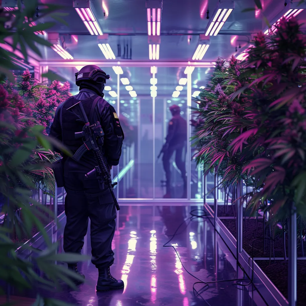 Armed guard standing looking at cannabis plants in an indoor grow room with purple lights